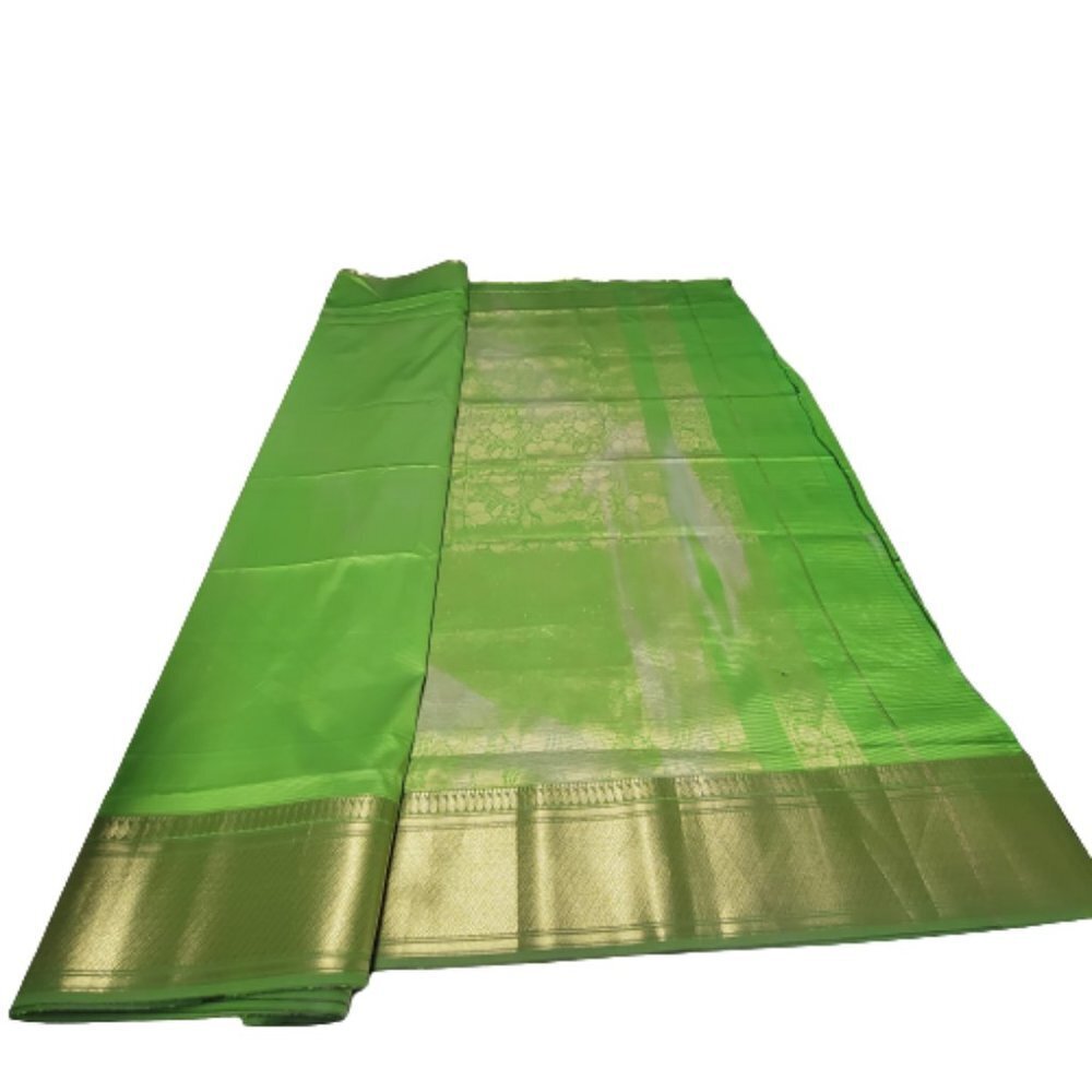Sari Saree,Lime Green Saree with Gold Border and Gold Accents- Unstitched- NEW !